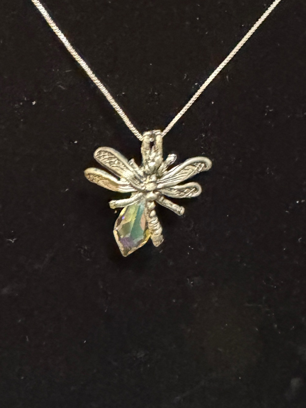 Vintage CCI Silver Tone Aurora Borealis Dragonfly Pendant on Sterling Chain